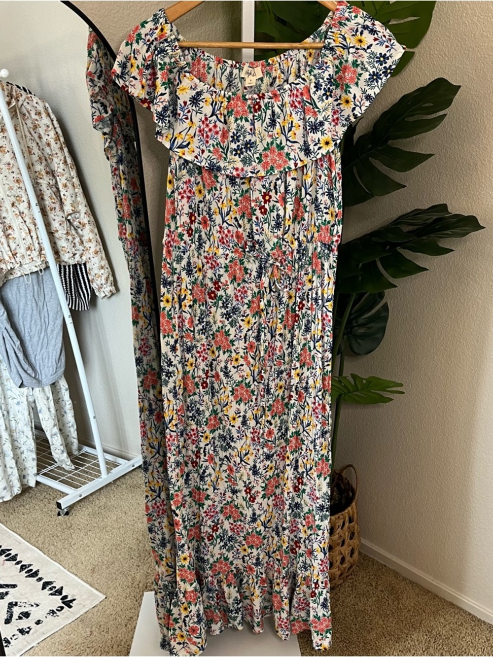 🌸✨ Floral Boho Off-Shoulder Tie Waist Ruffle Maxi Dress Sz S | Style & Co.
